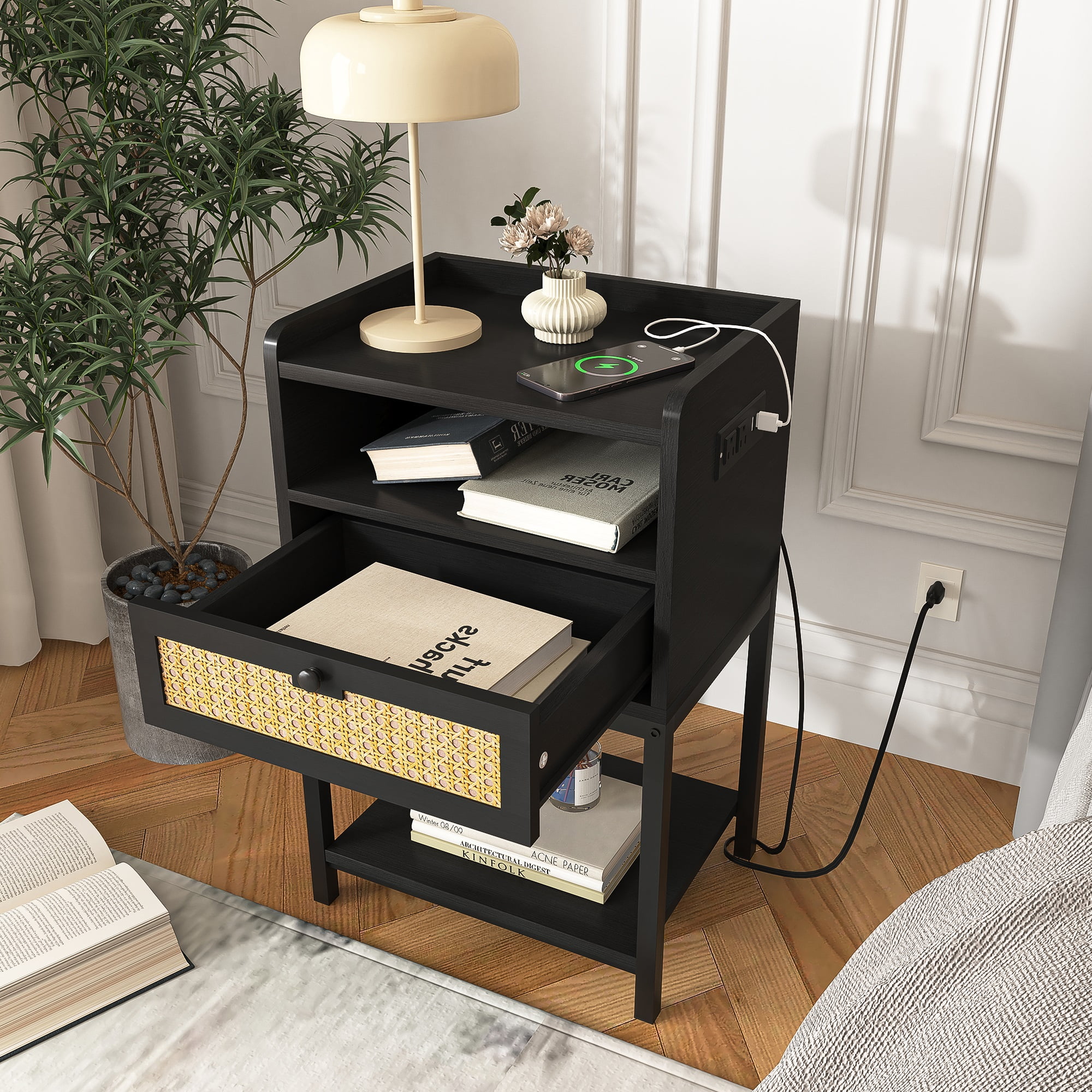 Spaco Nightstand with Charging Station Bed Side Table with Rattan Decoration Drawer Night Stand for Bedroom 3-Tier Storage End Table for Living Room, Black Spaco Nightstand with Charging Station Bed Side Table with Rattan Decoration Drawer Night Stand for Bedroom 3-Tier Storage End Table for Living Room, Black