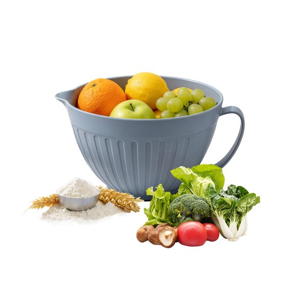 2.2 Quart Mixing Bowl with Handle & Pour Spout, Ribbed Salad Prep Bowl with Base for Baking, Salad Tossing, Indoor & Outdoor Kitchen Use
