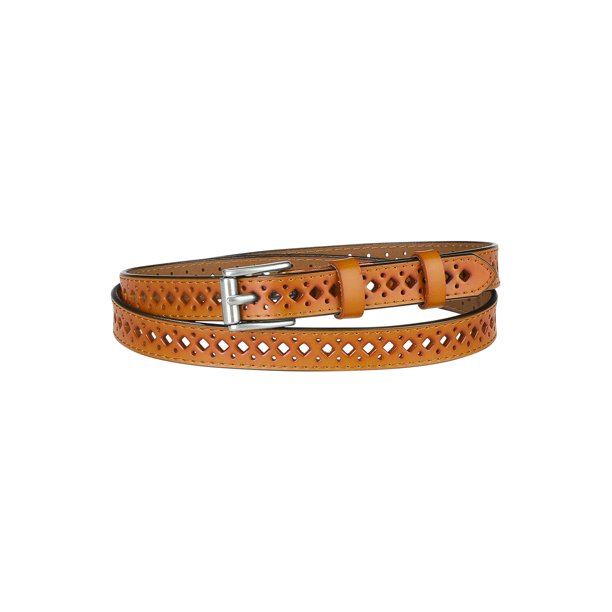 Cinturón de cuero delgado para mujeres Inspire Chic, cinturones de cintura delgada con agujeros para jeans y vestidos, ancho de 0.7 pulgadas, naranja marrón, talla única