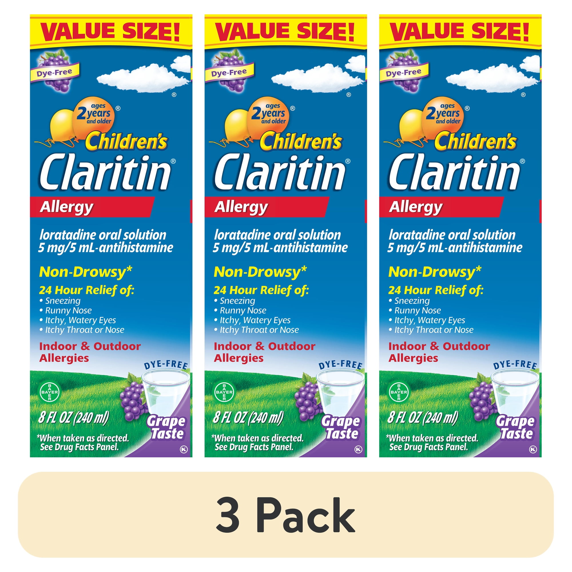 (3 pack) Claritin Children's 24 Hour Liquid Allergy Syrup, Free of Dyes, Sugar, Alcohol, Grape Flavor, 8 Fl oz