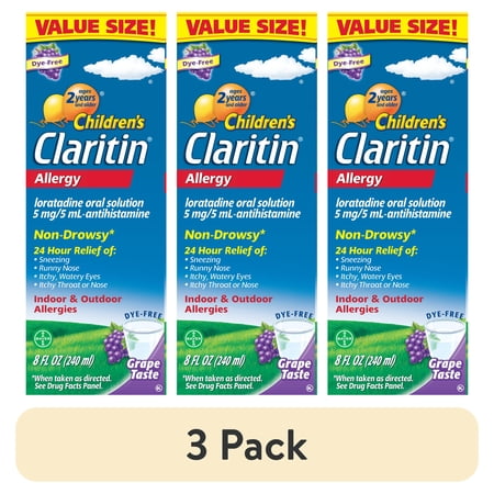 (3 pack) Claritin Children's 24 Hour Liquid Allergy Syrup, Free of Dyes, Sugar, Alcohol, Grape Flavor, 8 Fl oz