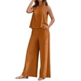 thumbnail image 2 of WTOBBY Women's Elegant Solid Color Two-Piece Set, Round Neck Sleeveless Vest & High Waist Wide Leg Pants, Chic Casual Office Wear,Brown XL, 2 of 5