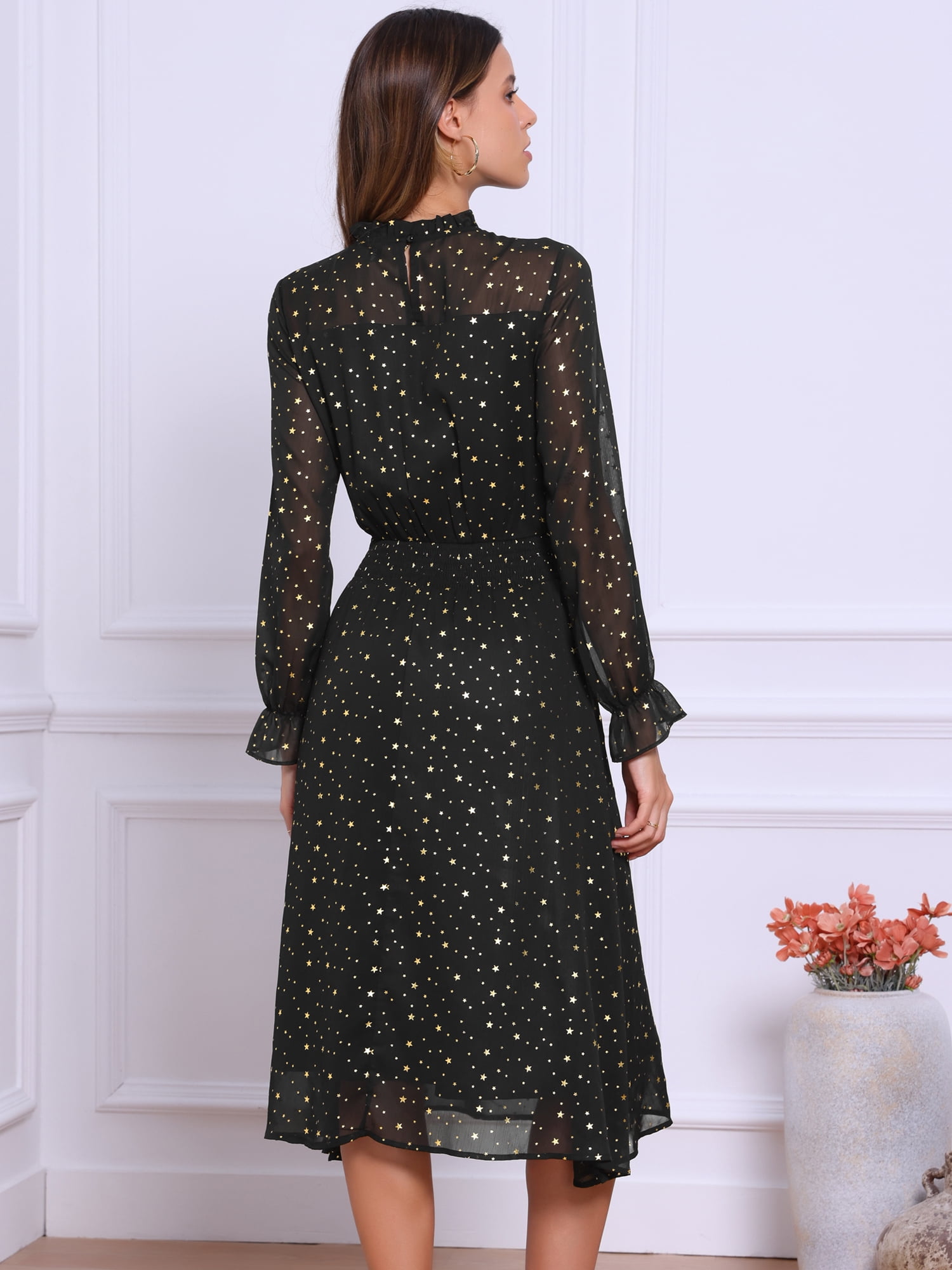 DARING DIVA Women's Chiffon Sheer Long Sleeve Smocked A-Line Dress M Black