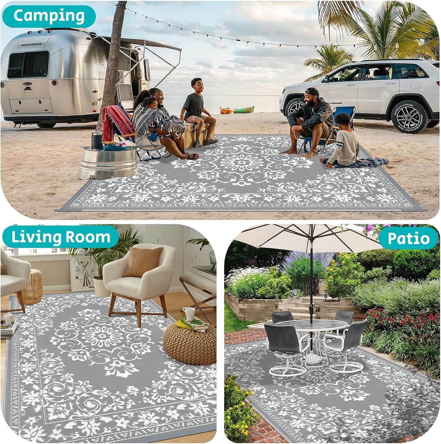 Findosom 8'x10' Boho Mandala Outdoor Rug Patio Rug Large Reversible Plastic Straw Rug RV Outdoor Mat Waterproof Foldable Portable Camping Mat for RV,Patio,Backyard,Deck,Picnic,Beach Gray