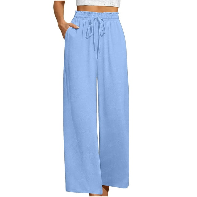 cfhntfmh Women's Wide Leg Pants with Pockets Lightweight High Waisted Drawstring Loose Lounge Trousers