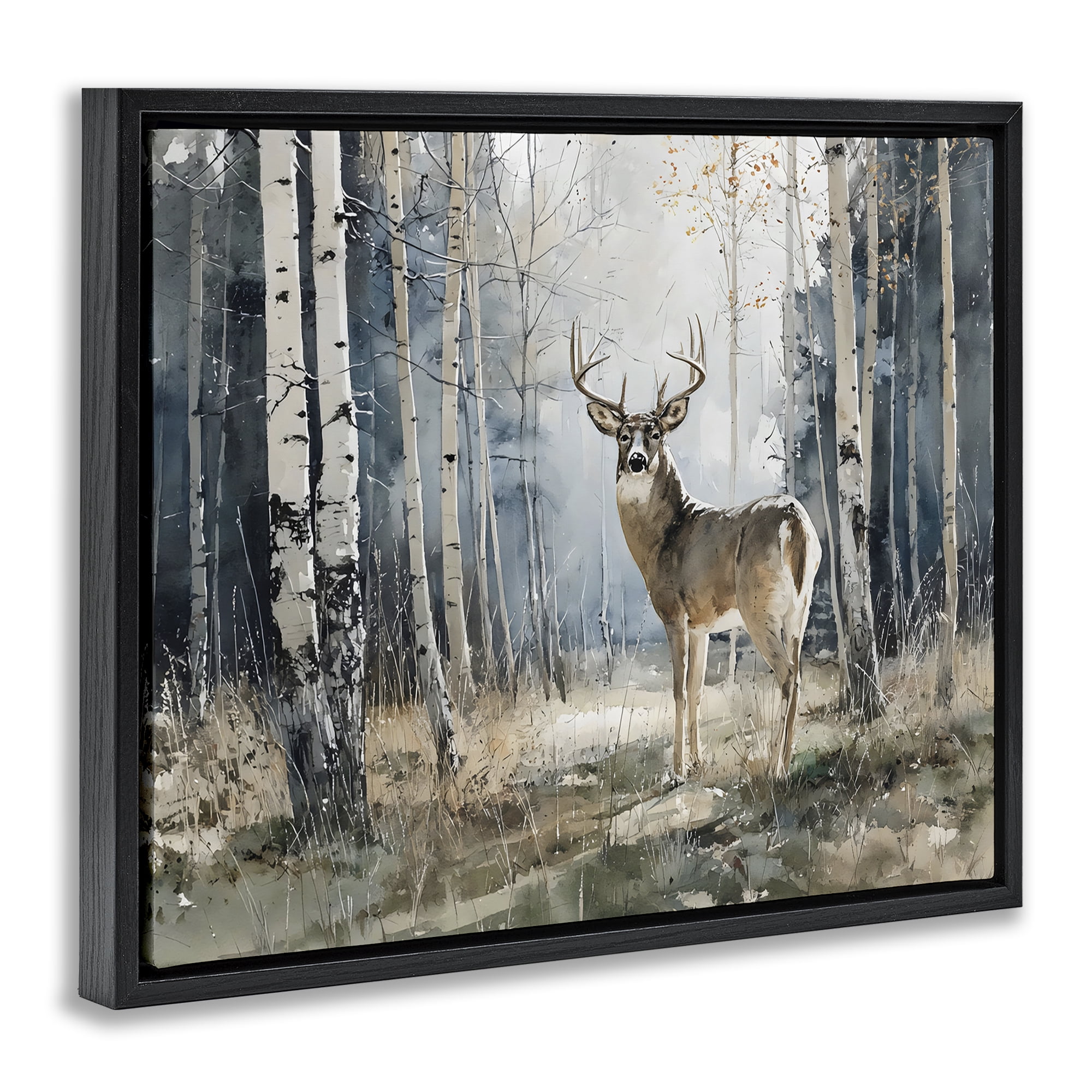 Stupell Industries Lone Stag in Birch Forest Black Framed Floater Canvas Wall Art, design by Franklyn Gregory