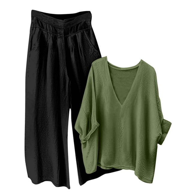 Women's Linen Set 2025 - V-Neck Top & Pants | Breathable Summer Loungewear