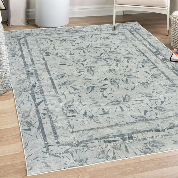 Leaf Decorative Rug, Abstract Neutral Tropical Leaves Exotic Island Palm Hawaiian Jungle Design, Quality Carpet for Bedroom Dorm and Living Room, 6 Sizes, Blue Grey, by Ambesonne