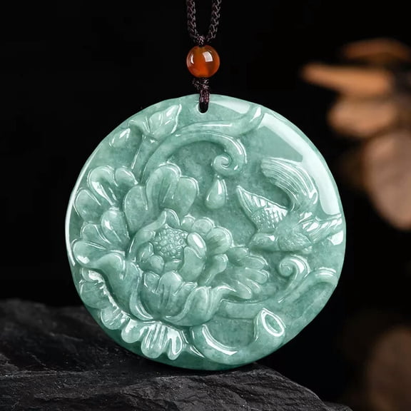 HOOUN Chinese Natural Emerald Peony Flower Magpie Jade Pendant “喜鹊牡丹图” Necklace