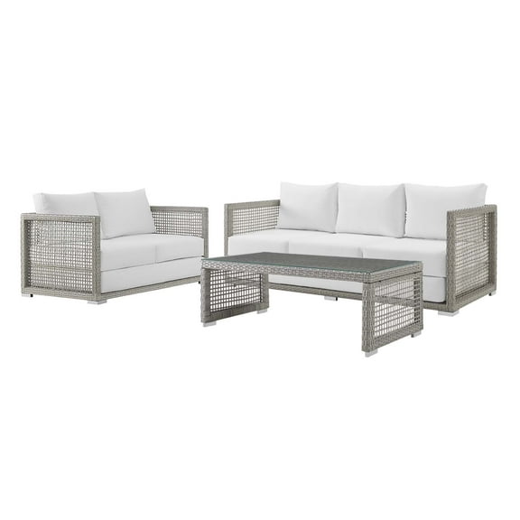 Contemporary Modern Urban Designer Outdoor Patio Balcony Garden Furniture Lounge Sofa, Chair and Coffee Table Set, Rattan Wicker Fabric, Grey Gray White