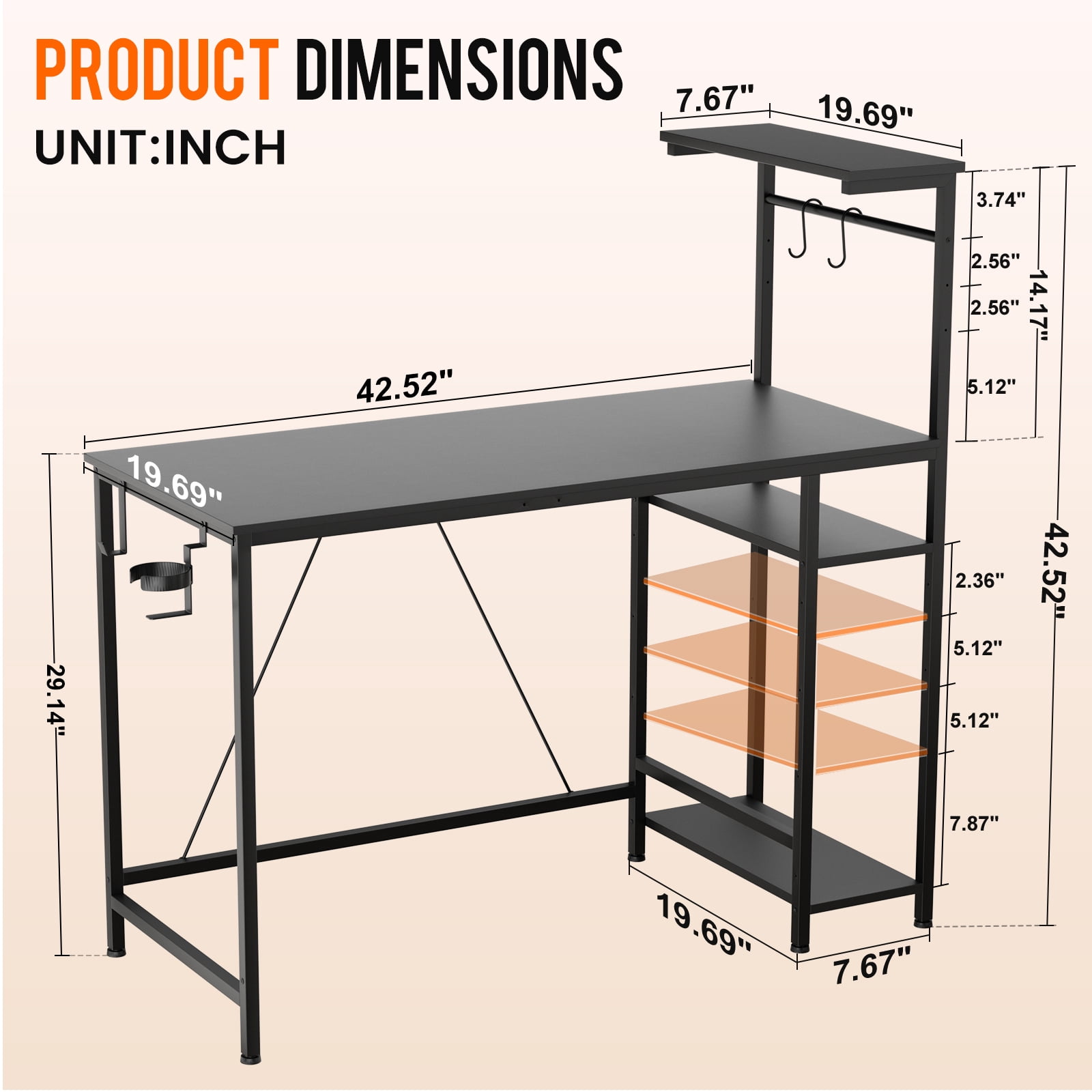 CLOUDREST PRO 44-Inch Computer Desk with LED Lights and 4-Tier Storage Shelves, Black