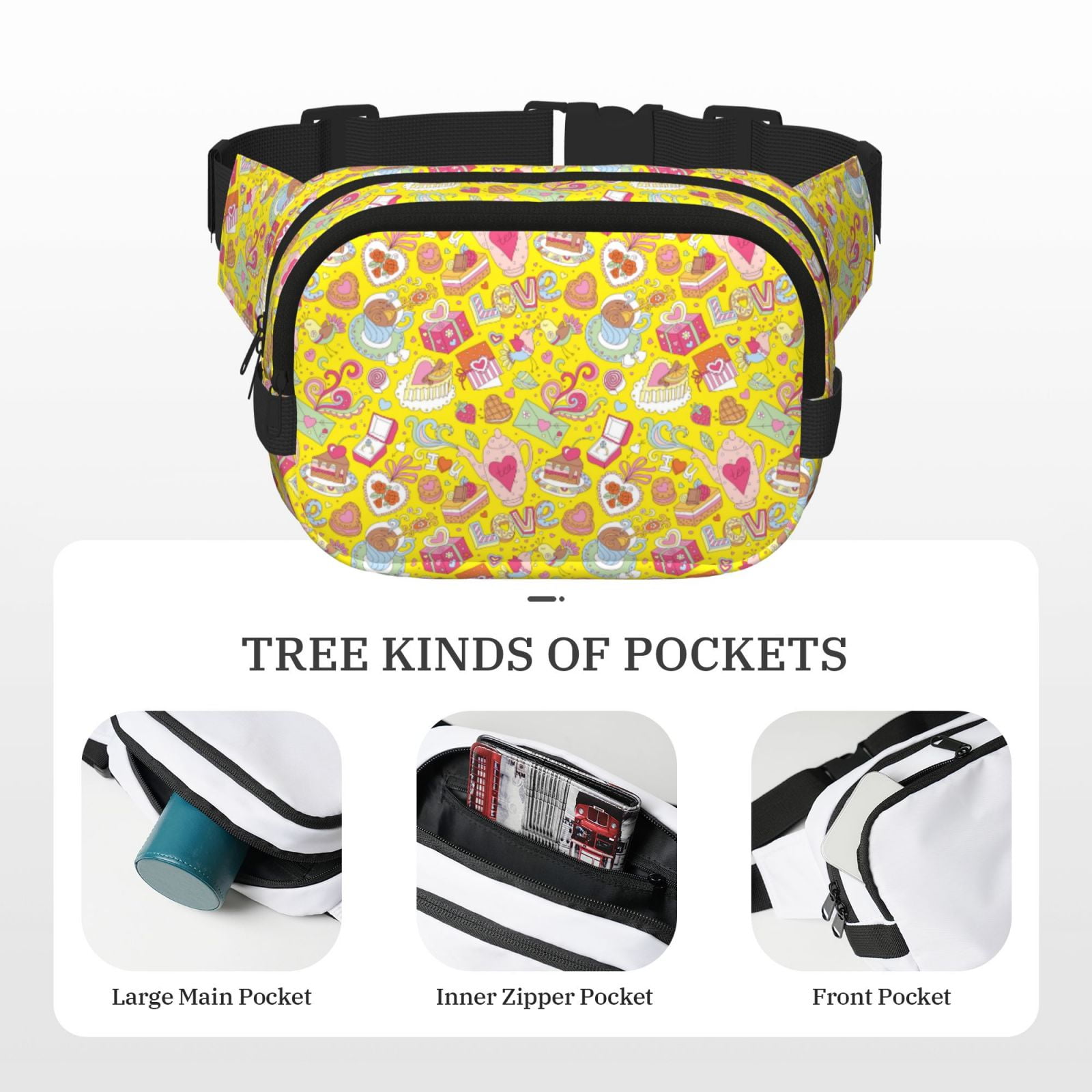 Picia Love Heart1 Print Square Double-Layer Waist Bag Mini Adjustable Waist Belt Bag Exercise Running Travel Hiking