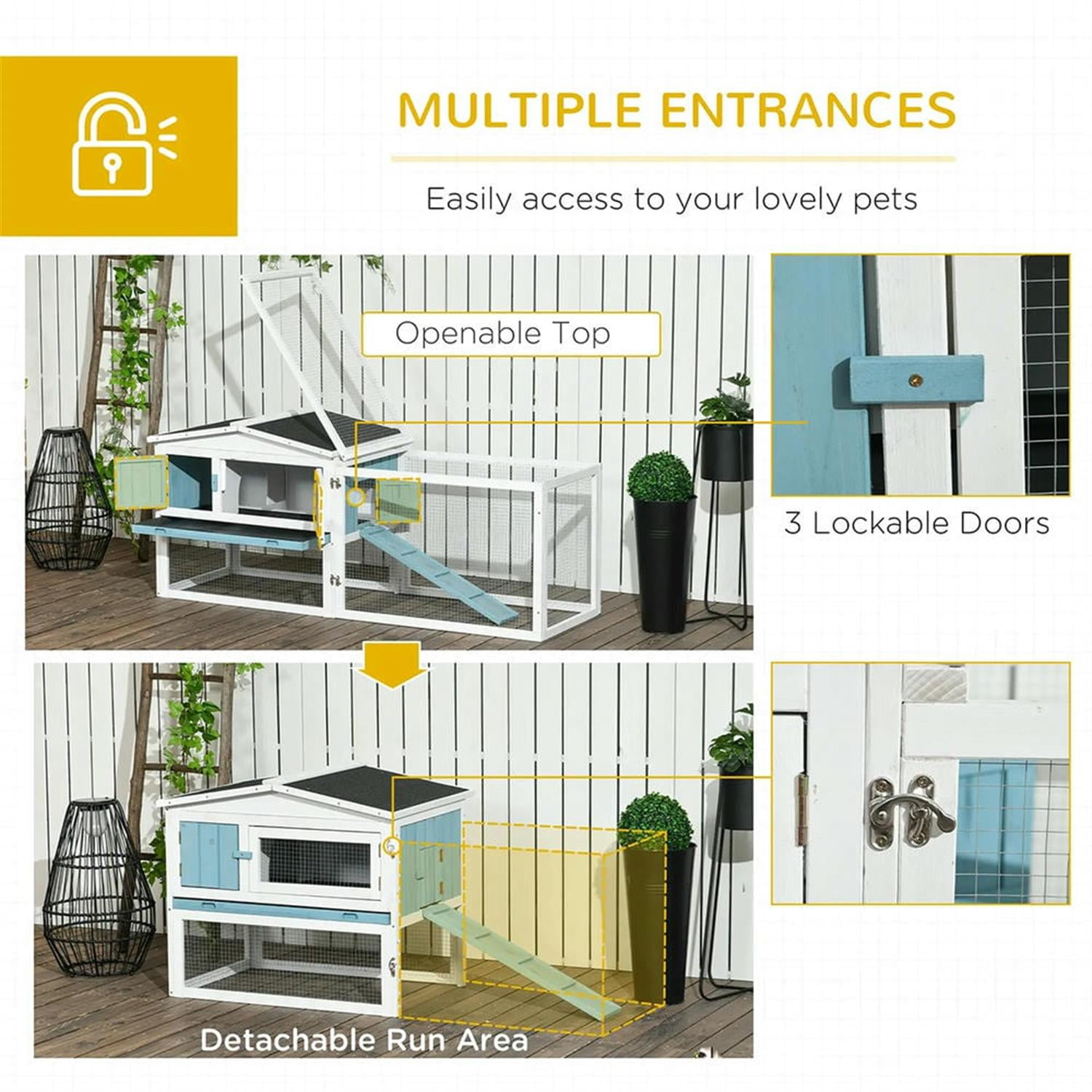 Kadyn 61" 2-Story Wooden Rabbit Hutch with Slide-out Tray, Outdoor Small Animal Habitat Enclosure Bunny Cage for Bunnies, Guinea Pigs, Blue