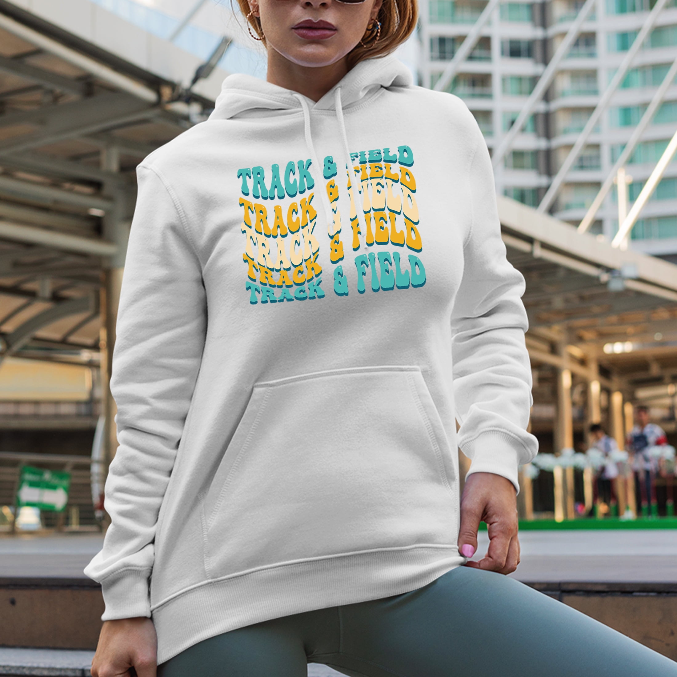 Track & Field, Sports Themed, Groovy Retro Wavy Text Merch Gift, White Hooded Sweatshirt or Hoodie, Large