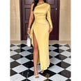 thumbnail image 4 of Womens Wedding Guest Maxi Dress Fall One Shoulder Sleeve Satin Bodycon High Split Cocktail Formal Prom Dresses Yellow S, 4 of 8