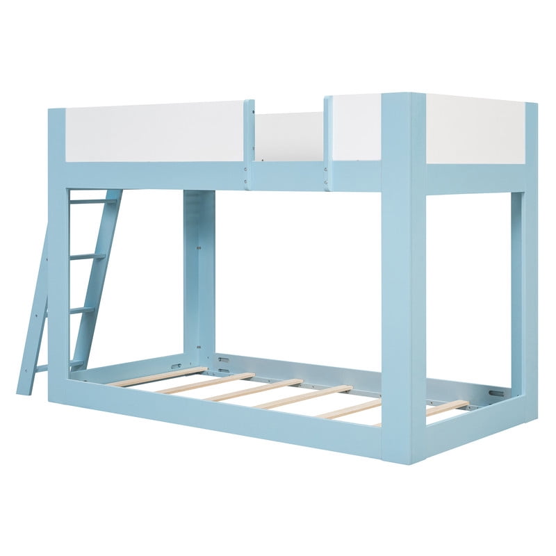 Twin-Over-Twin Low-Profile Bunk Bed with Guardrails, Wooden Kids Bed with Reversible Ladder, Accent Two-Tone Bed Frame