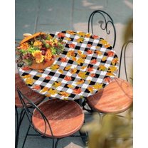 Fitted Maple Leaves Round Tablecloth, Black White Plaid Table Cover with Elastic Edge Waterproof, Thanksgiving Leaf Circle Table Covers for Kitchen Indoor Outdoor Picnic Party 36-44in