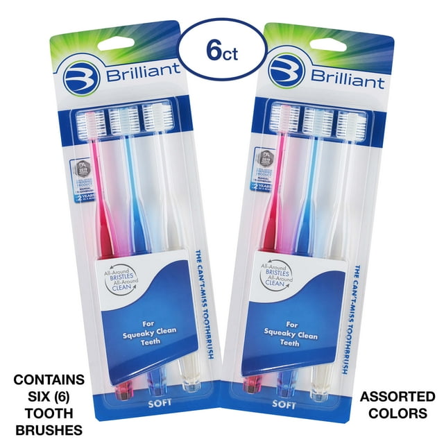 Brilliant Soft Toothbrush for Adults - With Over 14,000 360 Degree Micro-Fine, Rounded-Tip Bristles for Easy & Effective Cleaning, Red-Clear-Blue, 6 Count (Pack of 1)