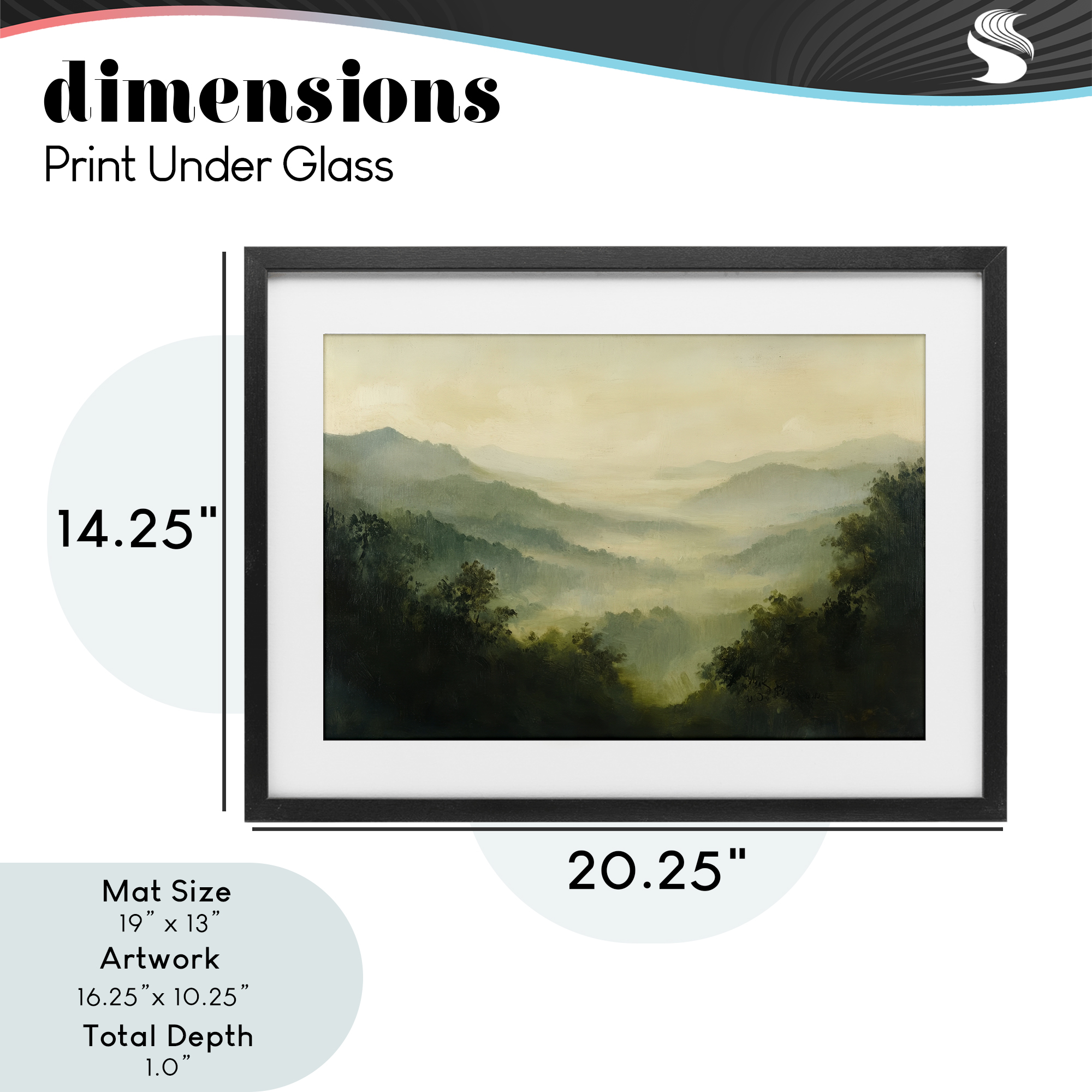 Through The Haze Landscape Black Framed Print Under Glass, design by Petal Prints Design