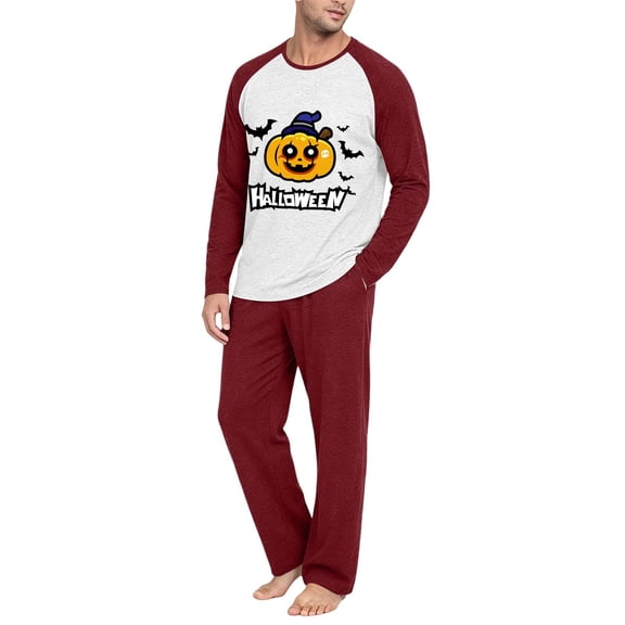 Dwelliawo Mens Holiday Graphic Pajamas Set, Raglan Long Sleeve Two Piece Loungewear, Breathable Relax Fit Sleep Outfit For Halloween Nightwear Deep Red M