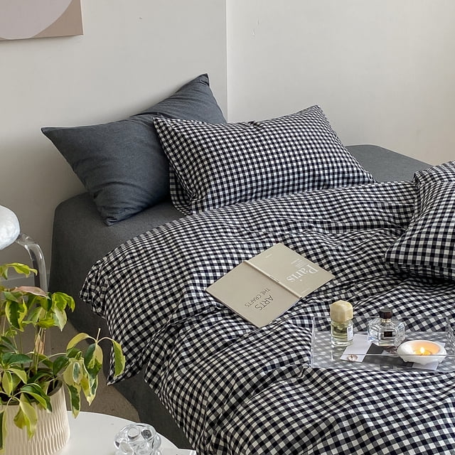 Juego de cuatro piezas de algodón lavado a cuadros sin estampado Juego de cuatro piezas de algodón puro para las cuatro estaciones Juego de ropa de cama de algodón teñido en hilo