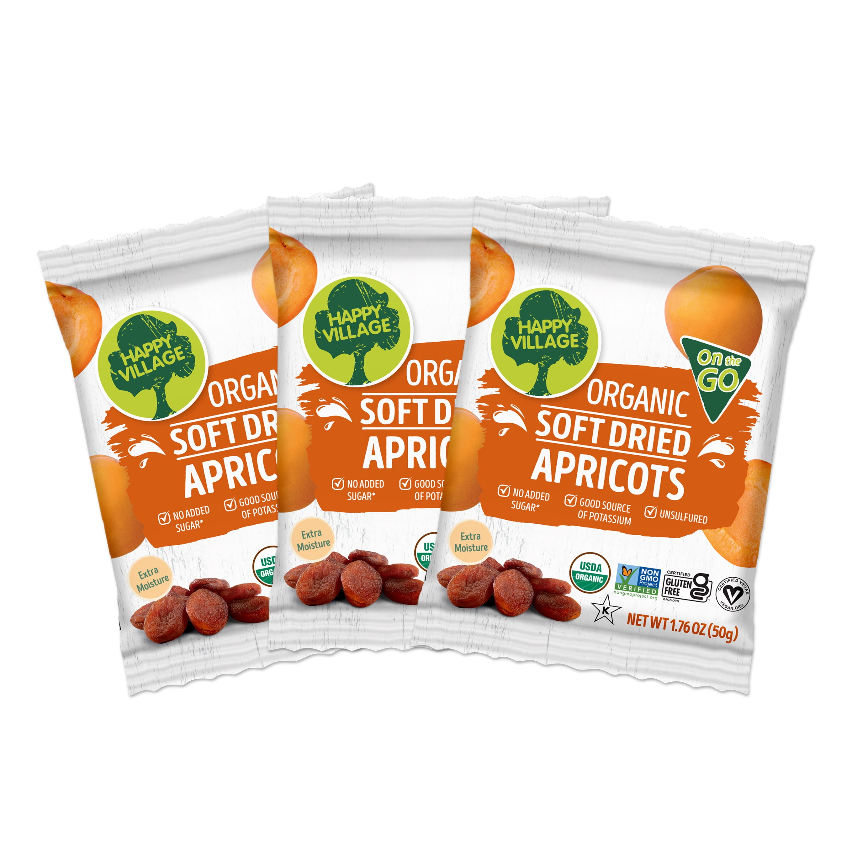 Happy Village Organic Soft Dried Apricots On the Go – 3 Bags (15 Individual Portion Packs) | Healthy, Organic, Non-GMO, Vegan, Kosher, Gluten-Free Snack Packs,Snack for School Lunches