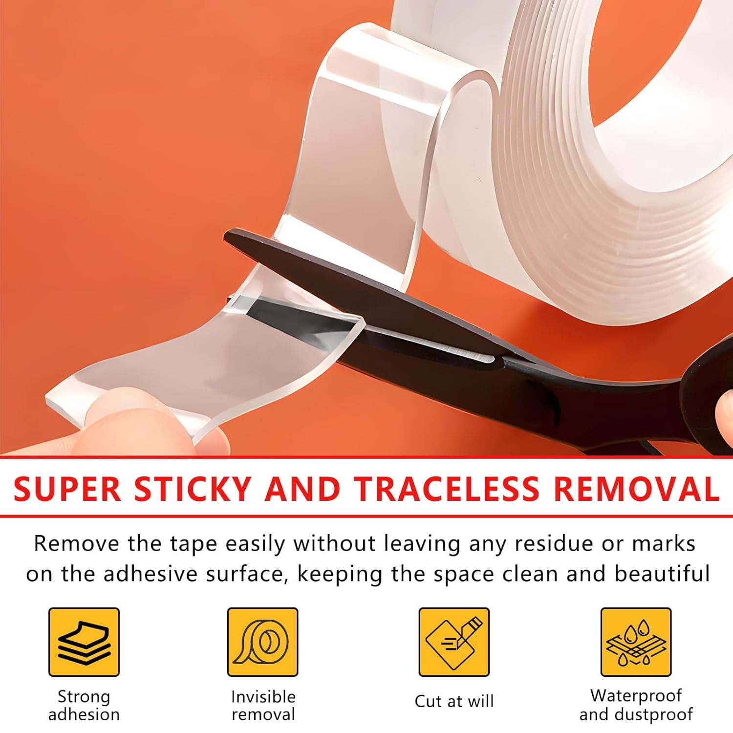 Nano Tape, Double Sided Tape, Removable Wall Tape for Hanging Picture, Poster, Carpet, Wall/Car/Home Mounting Strips, No Residue Clear Adhesive (4PCS)