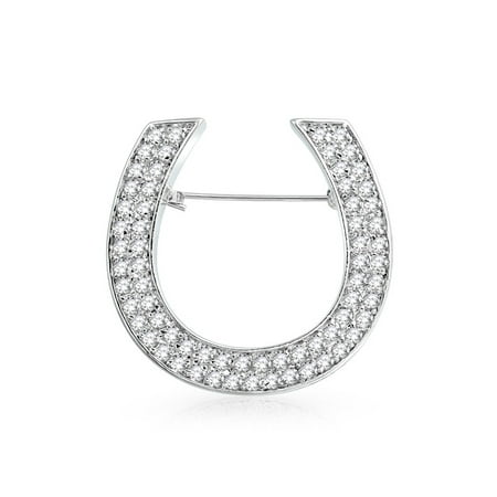 - Large Fashion Statement Equestrian Cubic Zirconia Pave CZ Scarf Horseshoe Brooch Pin For Women Silver Plated Brass