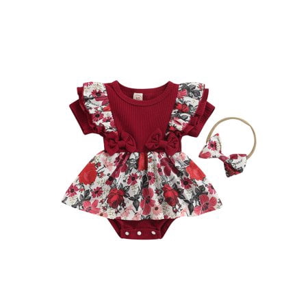 

Morttic Newborn Infant Baby Girl Summer Outfit Ruffle Sleeve Ribbed Romper Bow Floral Suspender Bodysuit Dress with Headband Clothes Set (Wine Red 0-3 Months)