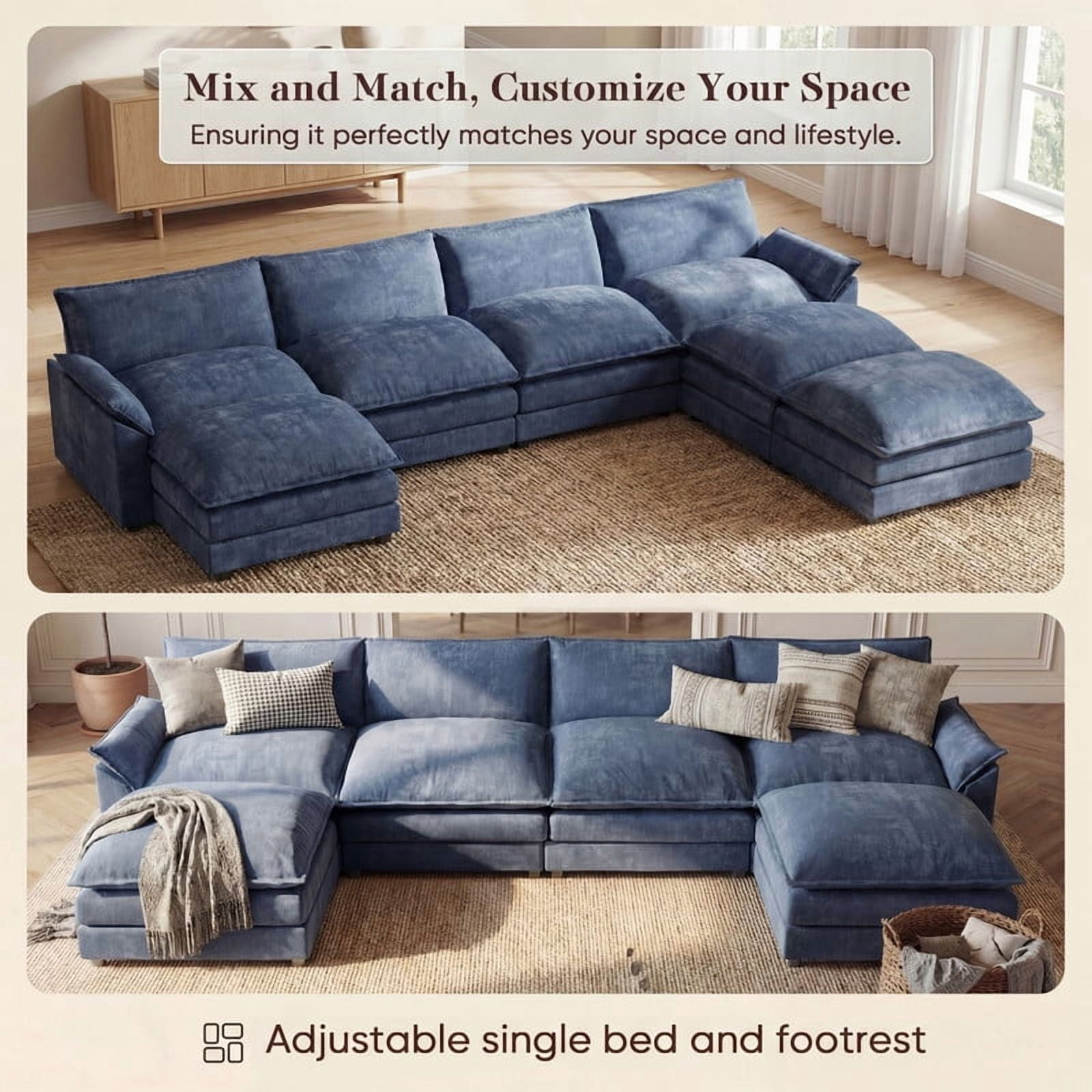 Lacoo 4-Seat Cloud Couch U-Shaped Sectional with Reversible Chair & Movable Footrest, Blue