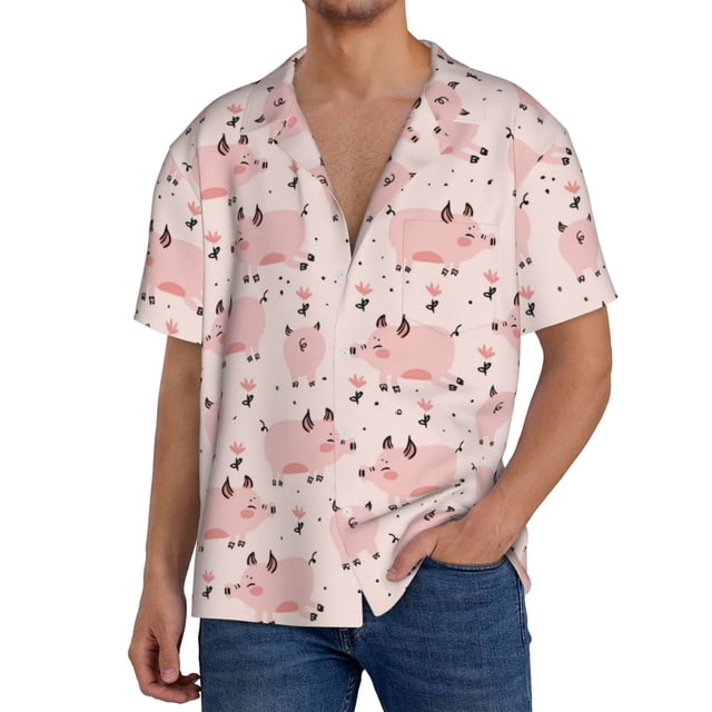 Fotbe Pig Camisa Estampada de Manga Corta para Hombre, Casual de Verano, Estilo Playero, Sin Arrugas-3X-Large