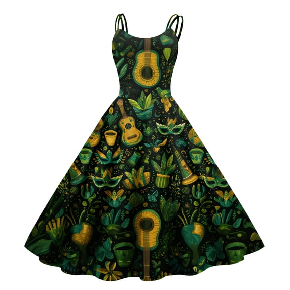 Fgvctg Womens Mardi Gras Dress Party Cocktail Glitter Mask Print Cocktail Dress Oversized Crewneck 1950s Dresses Sleeveless Parade Carnival Flowy Outfit Dark Green XL