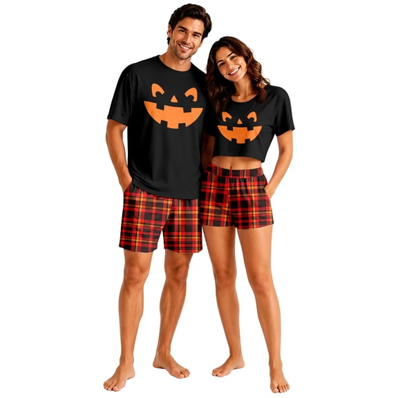 Halloween Pjs, Halloween Couple Matching Pajamas Set, Black Top & Plaid Shorts Pumpkin Graphic Short Sleeve Loungewear, Crop Top & Shorts Sleepwear, Soft Classic Nightwear for Summer Home Wear, L