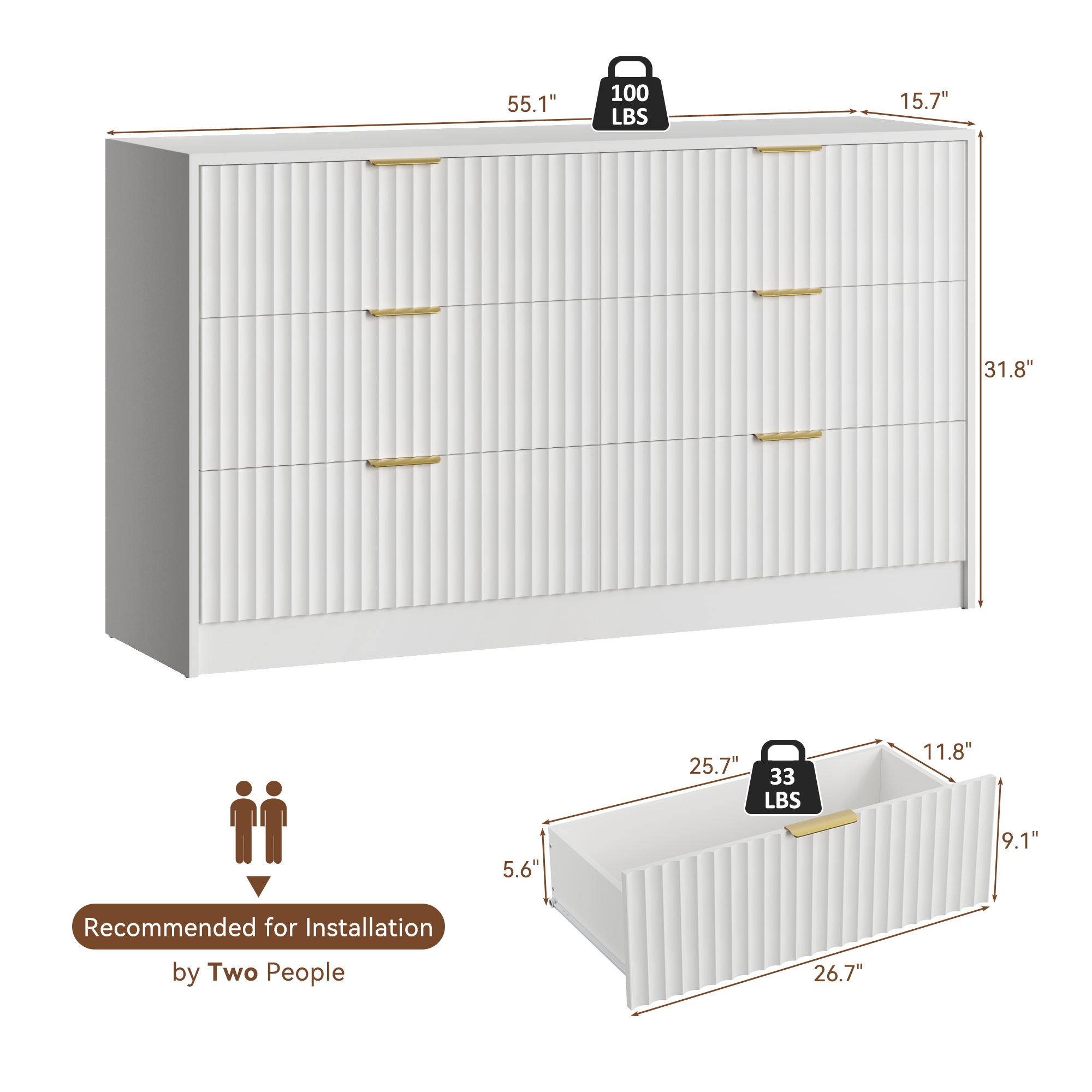 YouTrend 6 Drawer Dresser for Bedroom,55.1"Width Fluted Wood Chest of Drawer with Golden Embedded Handles for Living Room,White