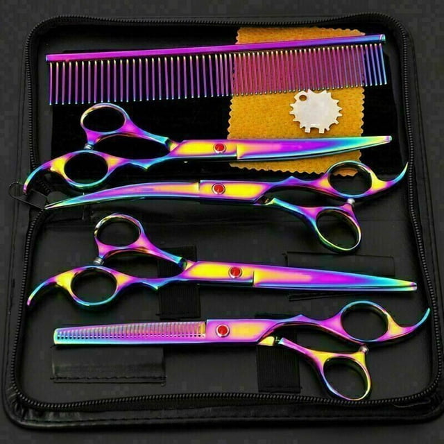 7 pouces Set de ciseaux de toilettage professionnels pour animaux de compagnie Kit droit, courbé, éclaircissant et cisaillement en acier pour chien,chat et animaux compagnie ,Couleur Kuyhfg Bienvenido a Kuyhfg