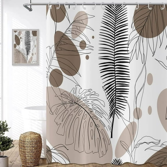 Rideau de Douche Boho Abstrait Marron Mi-Siècle Feuille de Palmier Minimaliste Géométrique Rideau de Salle de Bain Imperméable Tissu Durable avec Crochets en Plastique