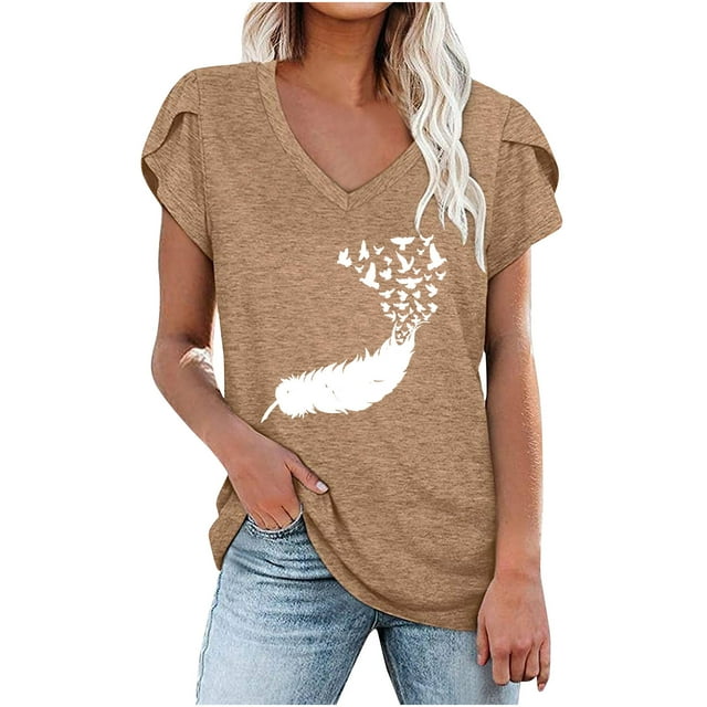 Birdeem Mode Femmes Été Col en V Manches Courtes T-Shirt Imprimé Décontracté Blouse