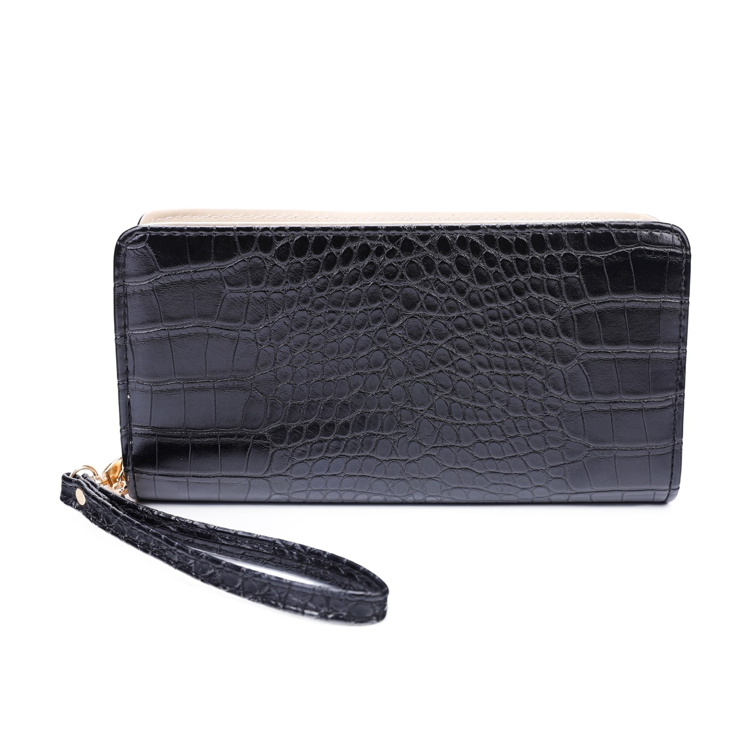 Designer Croco Textured Double Side Long Wallet With Hand Strap, Black ...