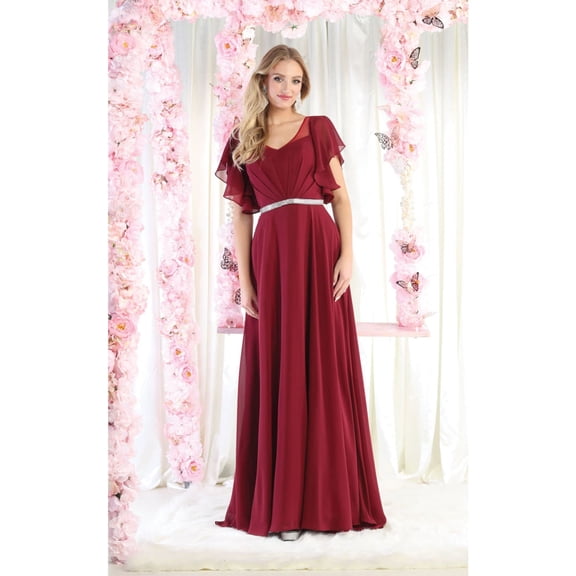 May Queen MQ1972 Chiffon Bell Sleeve A-Line Formal Gown Burgundy 6