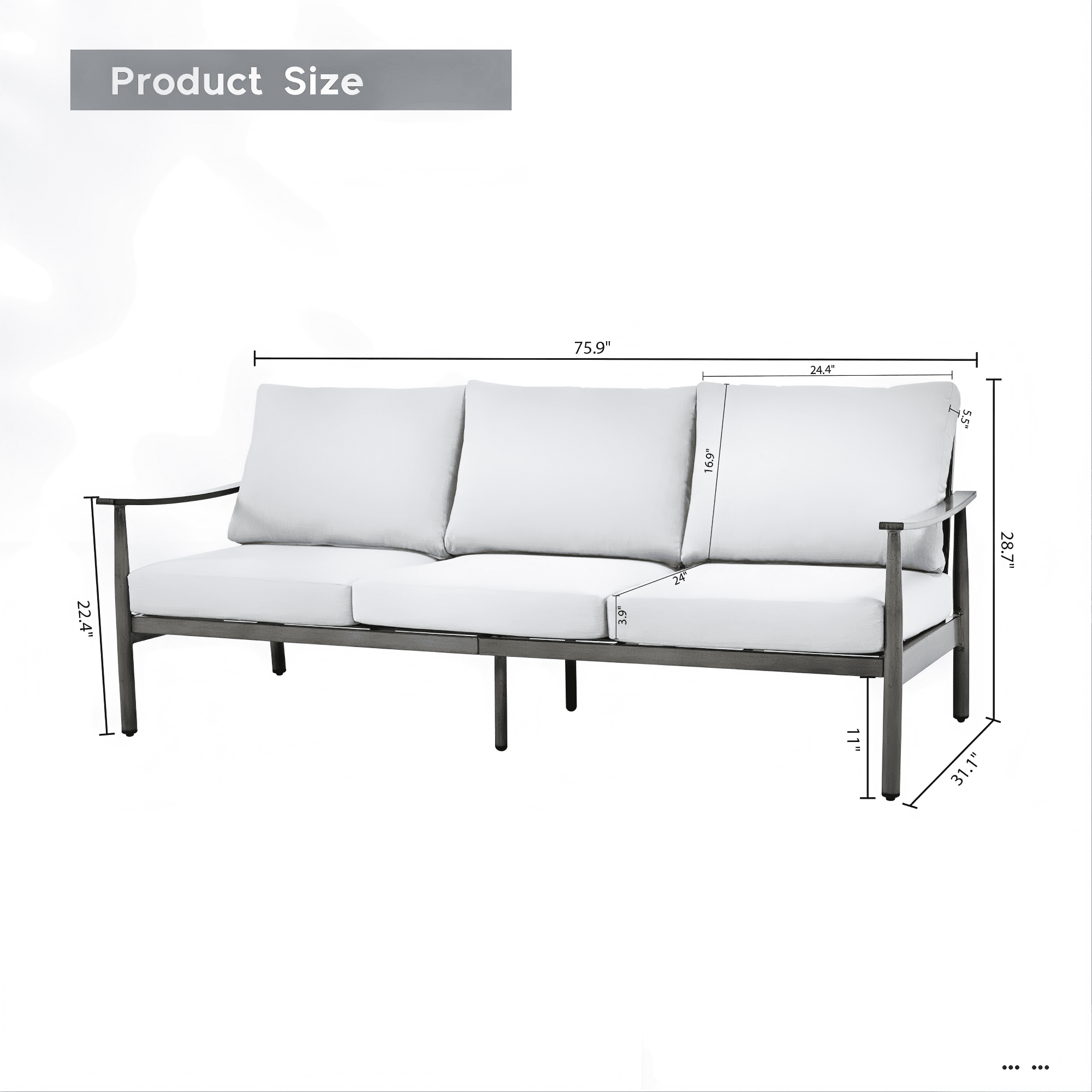 Patio Sofa 3 Seater Outdoor Aluminum Couch with Rope Backrest Thick Cushion All Weather Patio Furniture for Deck Backyard Porch, Gray