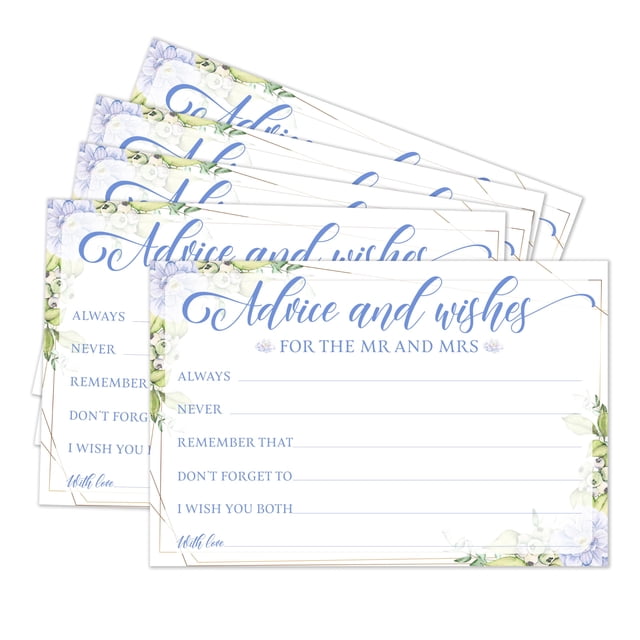Tarjetas de consejos y deseos para una boda de Sr. y Sra., azul floral