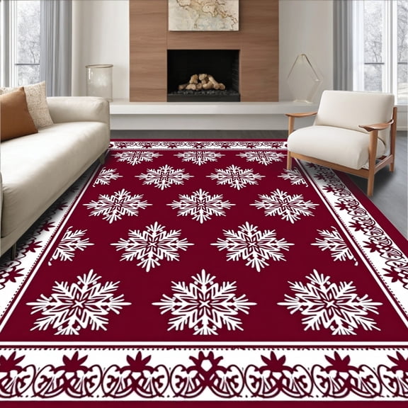 ODIKA 4'x6' Machine Washable Non-Slip Area Rug, Festive Rustic Snowflake Winter Holiday Hearth High Traffic Rug, Red, 731637