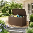 thumbnail image 4 of Coffre de Terrasse en Résine Robuste de 150 Gallons pour l'Extérieur – Étanche et Résistant aux Intempéries, Couvercle Verrouillable Sécuritaire, Grand Contenant de Capacité pour Patio, Jardin, Véranda, Cour Arrière – Brun, 4 of 7