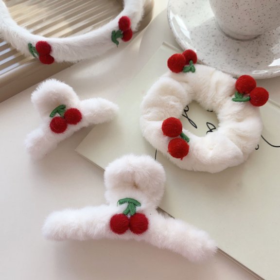 LOLIPPYY 4Pcs White Plush Cherry Hairbands Soft Cute Hair Styling Accessories for Festival and Party