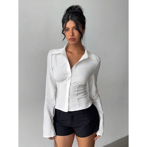 Women's Long Sleeve Collared Button Front Shirt, Seasonal Daily Wear