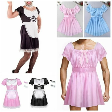 US Sissy Men Sexy French Maid Uniform Fancy Dress Costumes Satin Dress Underwear - X-Large - Pink Dress+Choker+Headband