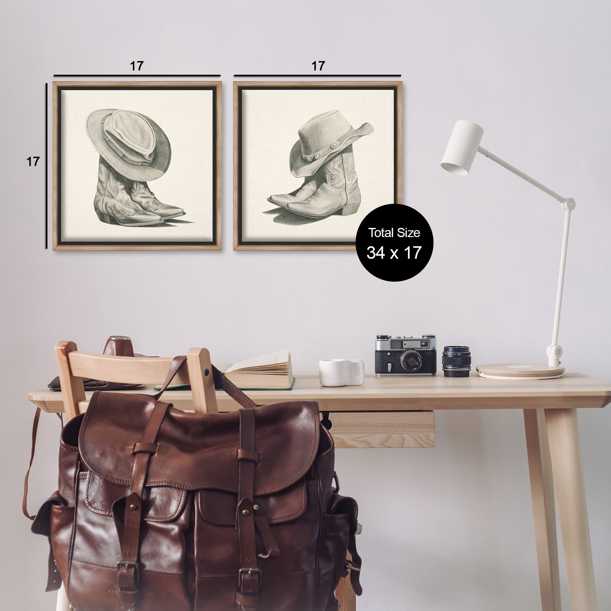 Stupell Industries Rustic Cowboy Boots Beauty & Fashion Drawing Brown Floater Framed Canvas Art Print Wall Art, 18 x 18, Set of 2