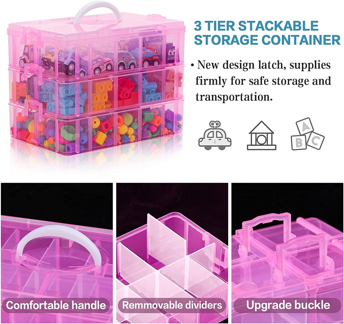 Casewin 3-Tier 30 Sections Transparent Stackable Adjustable Compartment Slot Plastic Craft Storage Box Organizer For Toy Desktop Jewelry Accessory Drawer Or Kitchen(Pink)
