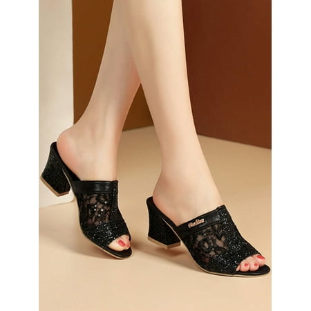 

Women‘s Floral Patterned Open Toe Chunky Heel Slippers With Pvc Square Heel