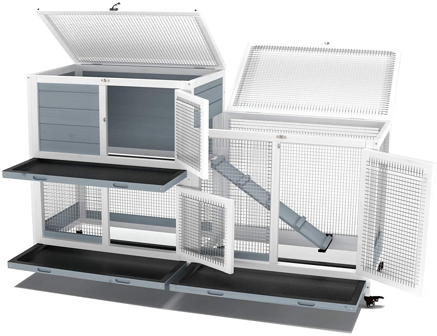 GDLF Two Floors 58" Wooden Indoor Rabbit Guinea Pig Pet Cage on Wheels Waterproof